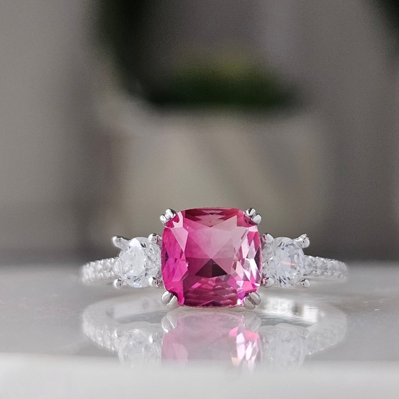 Pink Topaz Cushion Square Gemstone Ring, 925 Sterling Silver Charmed Aroma - Picture 2 of 6